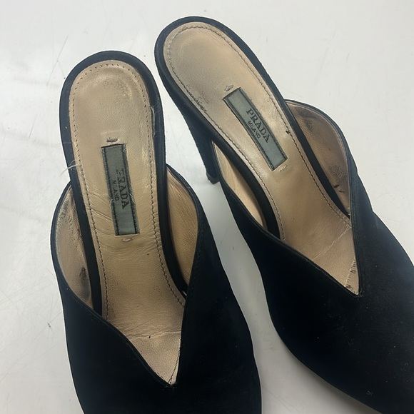 Prada Suede Whipstitch Trim Pointed Toe Cone Heel Mules - Size 37 - G85-13 - Picture 3 of 9
